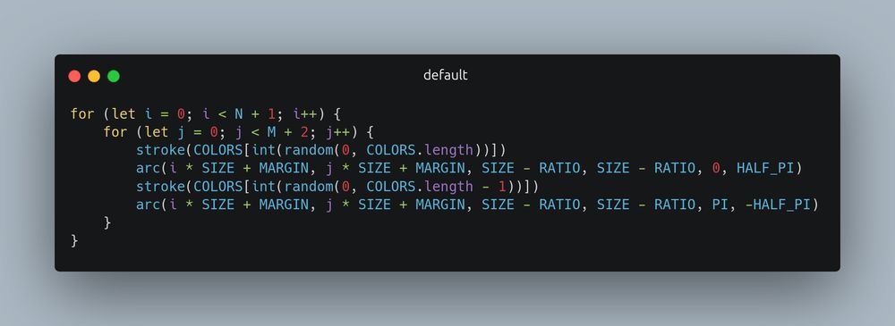 code using default PI and HALF_PI p5.js predefined variables:

for (let i = 0; i < N + 1; i++) {
    for (let j = 0; j < M + 2; j++) {
        stroke(COLORS[int(random(0, COLORS.length))])
        arc(i * SIZE + MARGIN, j * SIZE + MARGIN, SIZE - RATIO, SIZE - RATIO, 0, HALF_PI)
        stroke(COLORS[int(random(0, COLORS.length - 1))])
        arc(i * SIZE + MARGIN, j * SIZE + MARGIN, SIZE - RATIO, SIZE - RATIO, PI, -HALF_PI)
    }
}