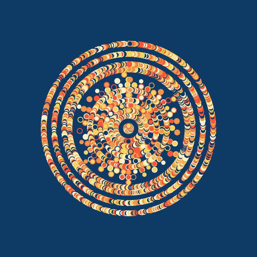 Medium circles with varying stroke and background colors, forming concentric circular patterns with higher density at the outer layers and more dispersed arrangements in the center
