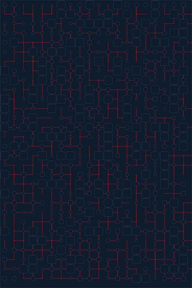 Architecture of an electronic circuit, dark blue background, small components of various dimensions also in dark blue, connected by red lines