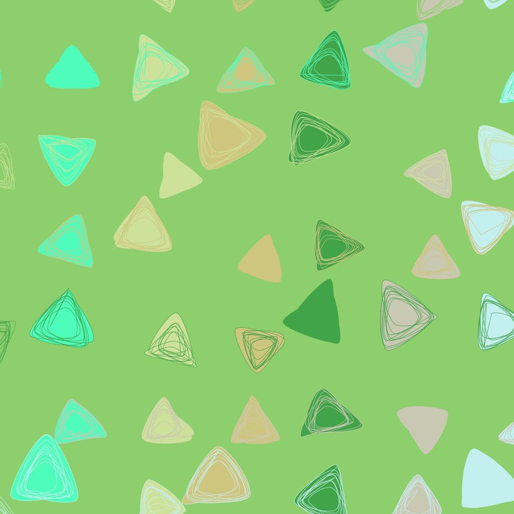 Handrawn-like triangles of different colors and sizes, with thin stroke lines on them, over a green background