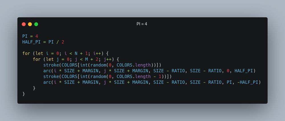 Code changing default PI and HALF_PI values

PI = 4
HALF_PI = PI / 2
for (let i = 0; i < N + 1; i++) {
    for (let j = 0; j < M + 2; j++) {
        stroke(COLORS[int(random(0, COLORS.length))])
        arc(i * SIZE + MARGIN, j * SIZE + MARGIN, SIZE - RATIO, SIZE - RATIO, 0, HALF_PI)
        stroke(COLORS[int(random(0, COLORS.length - 1))])
        arc(i * SIZE + MARGIN, j * SIZE + MARGIN, SIZE - RATIO, SIZE - RATIO, PI, -HALF_PI)
    }
}