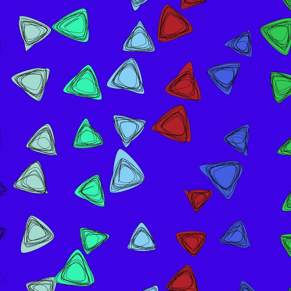 Handrawn-like triangles of different colors and sizes, with thin and black stroke lines on them, over an indigo background