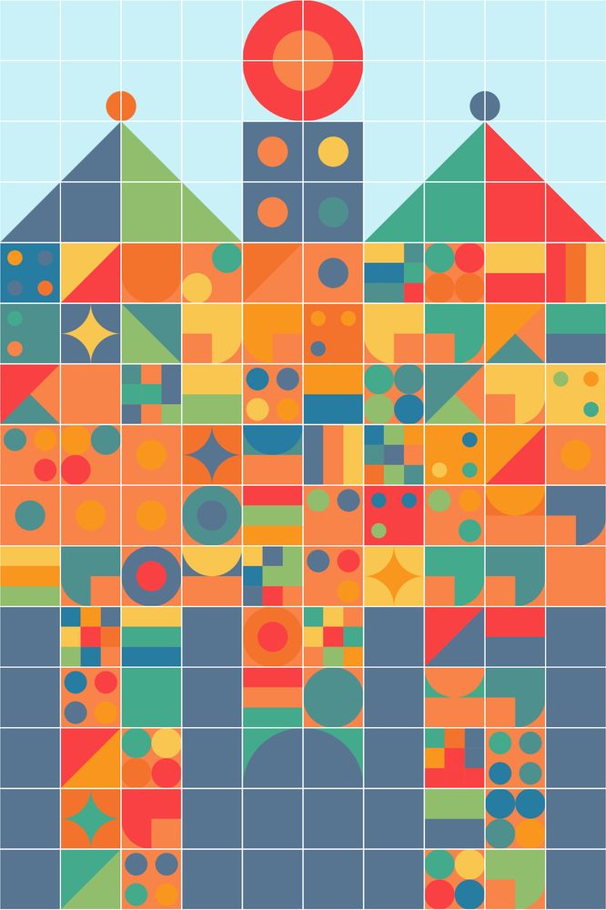 Castle made of geometric shapes in vivid colors