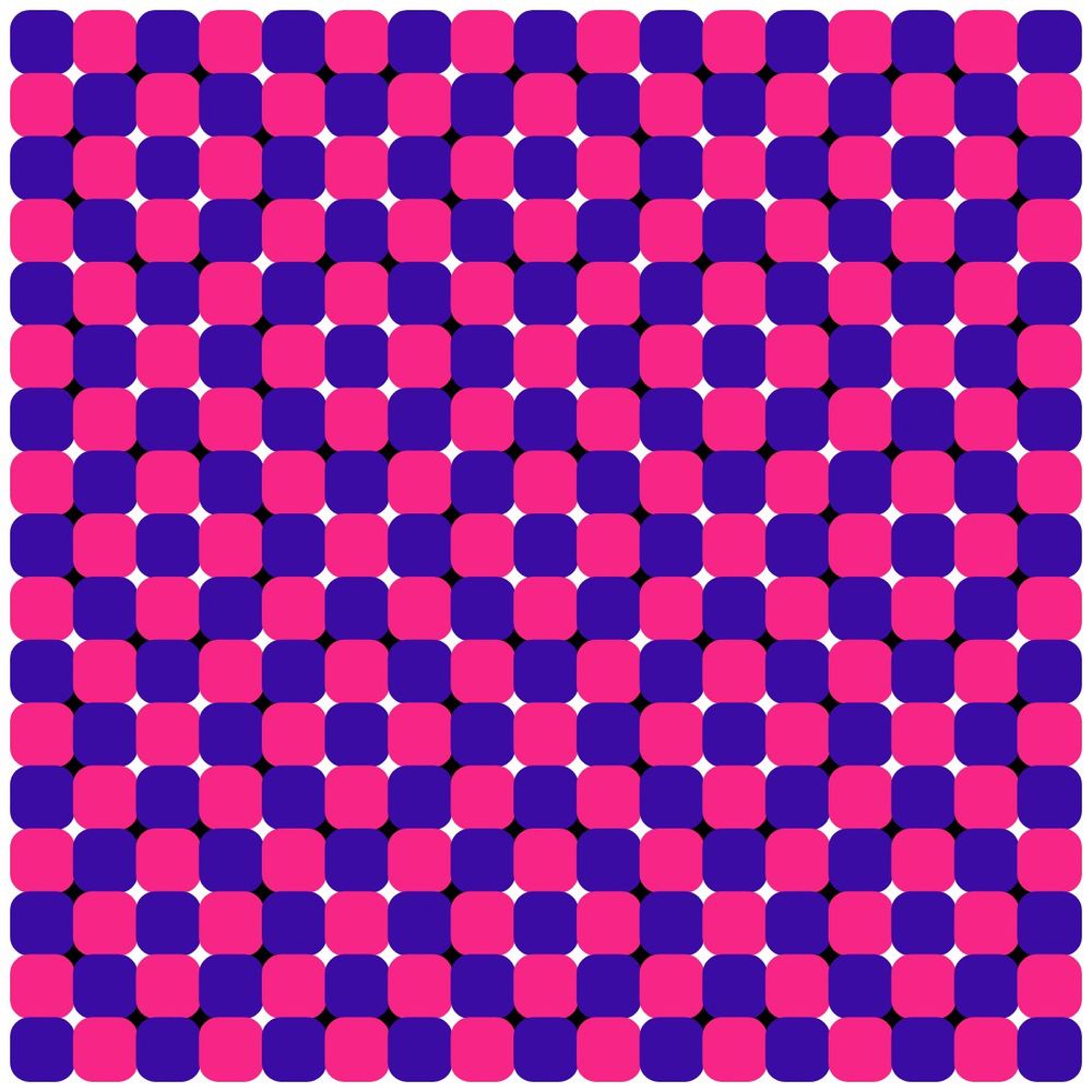 Small squares in pink and violet that seem to be moving due to the black and white background corners