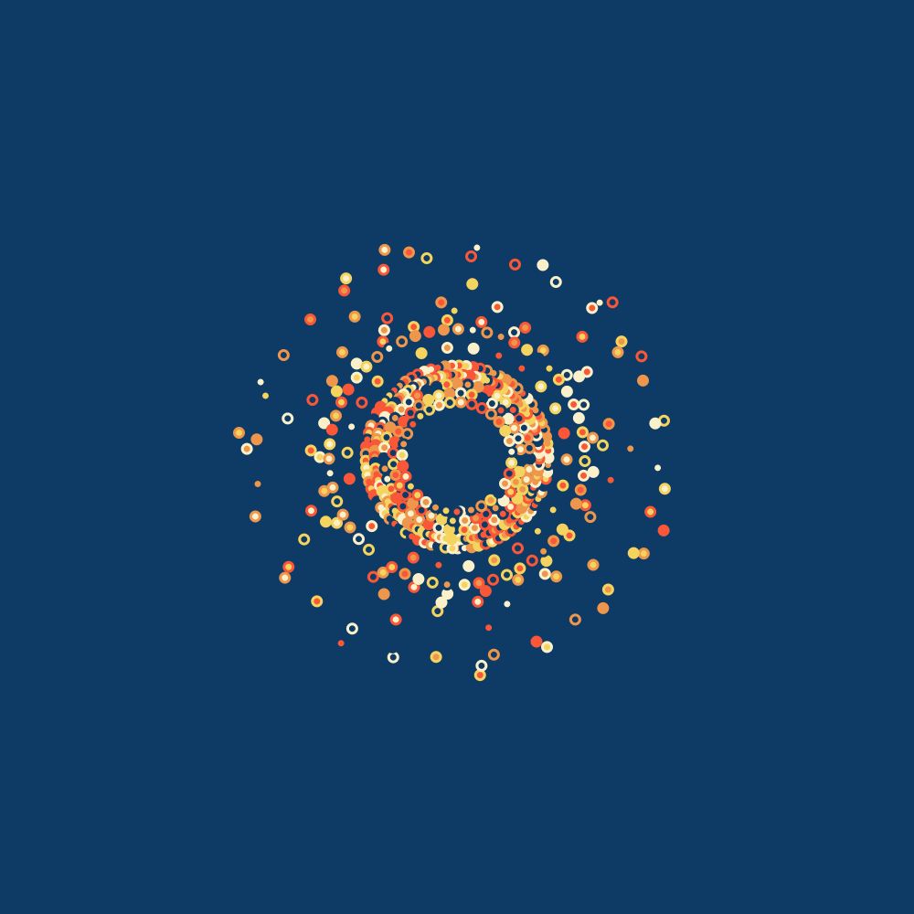 Small circles with varying stroke and background colors, forming concentric circular patterns with higher density at the center and more dispersed arrangements in the outer layers