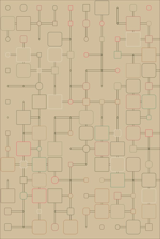 Architecture of an electronic circuit, light background, small components of various dimensions and different colors, connected by thin black lines