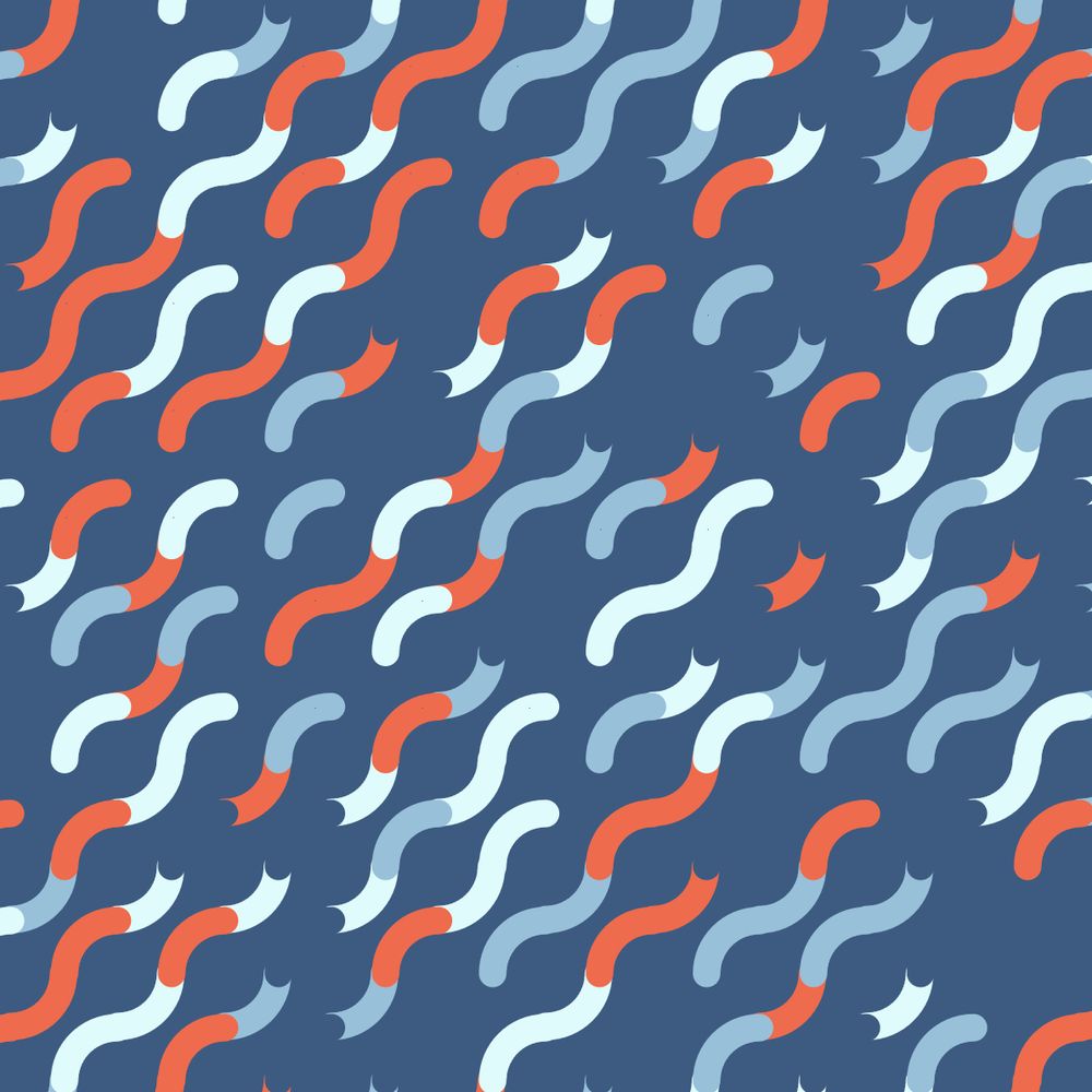 Regular thick waves moving in diagonal, colored in blue and orange tones, dark blue background 