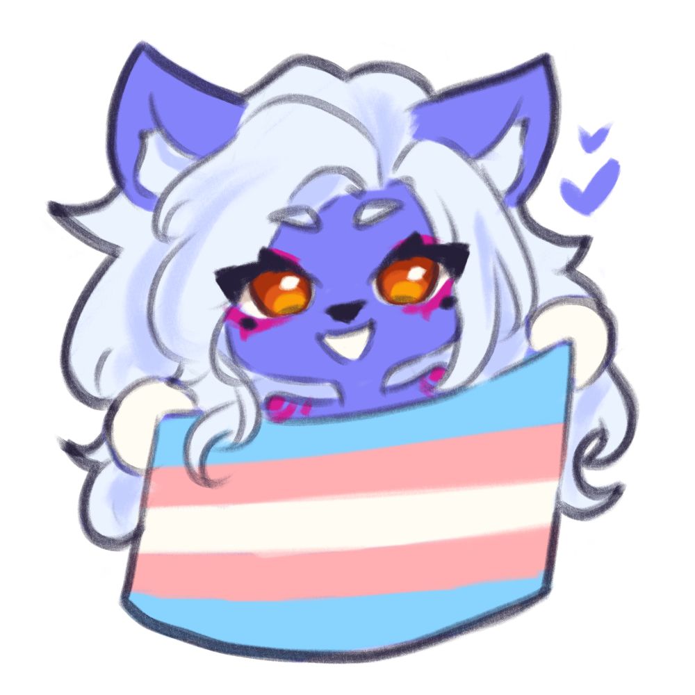 Nyx is holding a transgender pride flag. She has large orange eyes and a cheerful expression.
