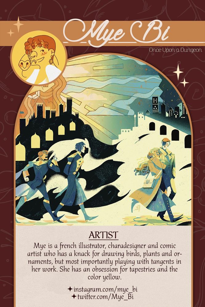 Mye is a french illustrator, charadesigner and comic artist who has a knack for drawing birds, plants and ornaments, but most importantly playing with tangents in her work. She has an obsession for tapestries and the color yellow.