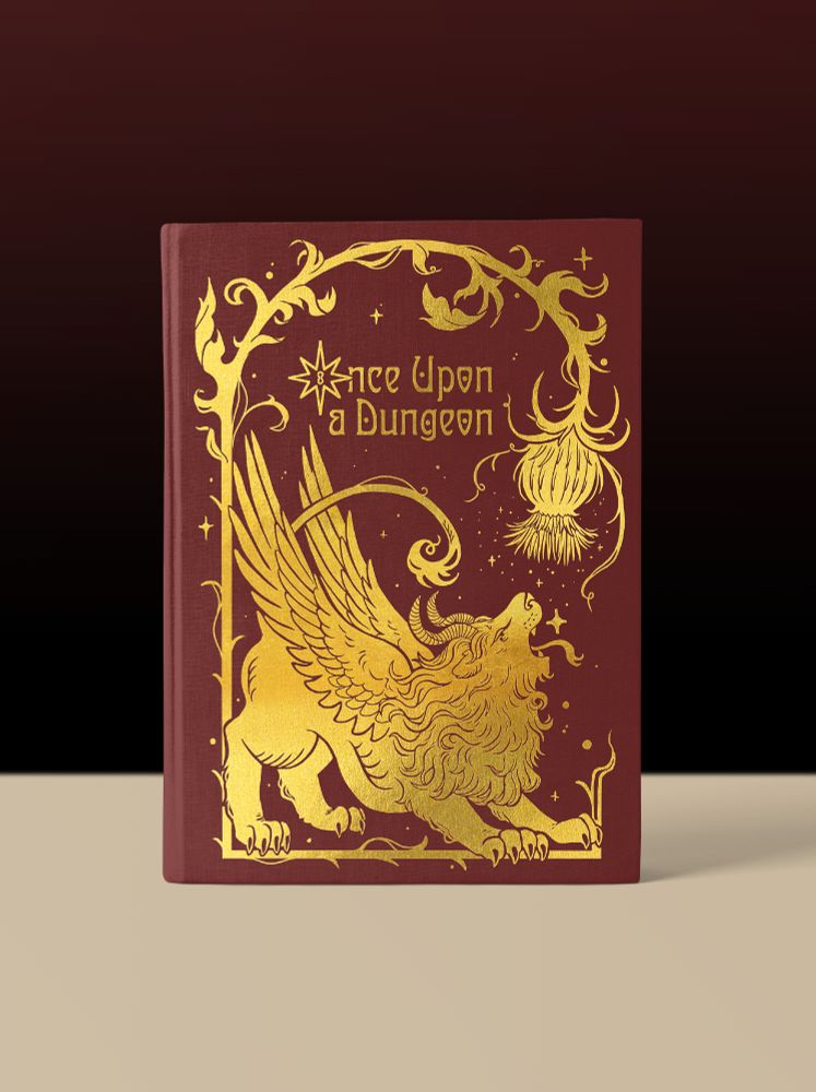 Cover for Once Upon a Dungeon the Dunmeshi fairytale artbook. Gold foil lion under a thistle arch on a red cover.