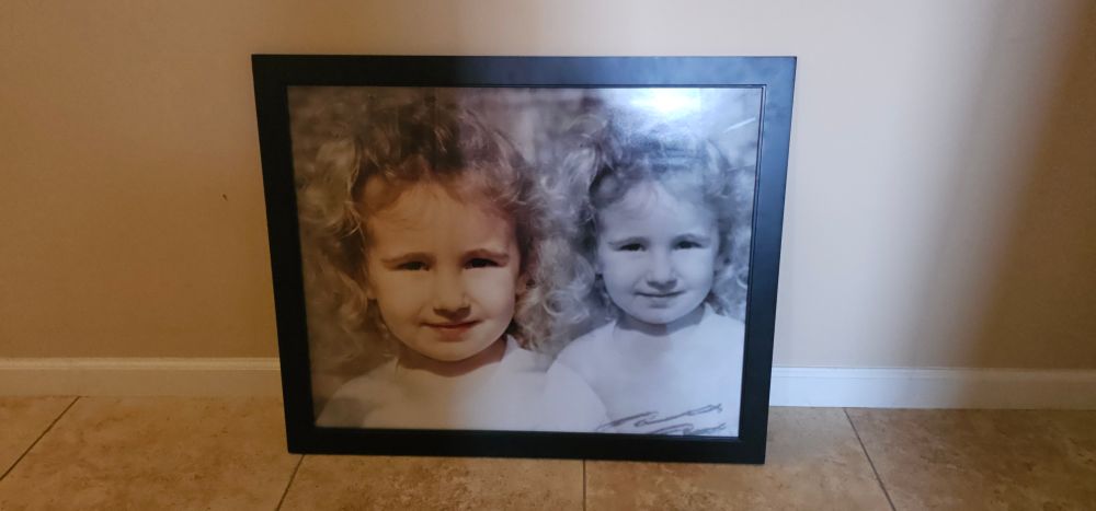 A color and black and white double portrait of me as a blonde toddler 