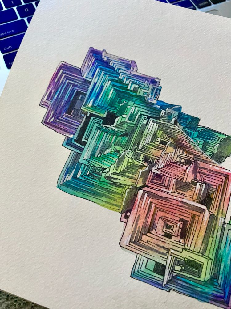 A Watercolor painting and drawing of bismuth crystals. They form in a rectangular stair step formation that looks like clusters of reverse pyramids and have a rainbow iridescent sheen.