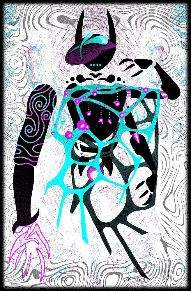 A three-armed jut-qou hovers in a dull plane. One of his arms is a large dull-claw twice the length of his legless body. He's wearing a large cloak inspired by the filaments of the netted stinkhorn and the droplets of the devil's tooth mushroom.