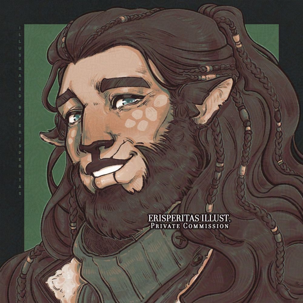 A digitally illustrated gradient-mapped greyscale commission for Matti (@charii.bsky.social) of Njal, a Ganúàd with long dark hair, beaded braids scattered throughout, dark teal-blue eyes and speckles along his cheeks. He smiles kindly at the viewer. 