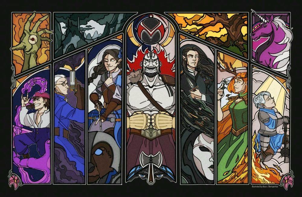 A digital illustration (2019) of the Vox Machina (Critical Role) crew in a stained glass style.

From Upper Left to Lower Right:
- The Eye and Hand of Vecna.
- The Shadowfell.
- The Sun Tree in Whitestone.
- The Pink Unicorn, logo of Gilmore's Glorious Goods.
- Scanlan and his Bigby's hand
- Percy wielding Animus as smoke emerges from it.
- Vex'ahlia wielding her bow and her bear companion, Trinket
- Grog Strongjaw punching his fists together.
- Vax'ildan wielding a dagger and the mask of the Raven Queen.
- Keyleth holding a daisy, wearing her mantle.
- Pike knelt under the light of the Everlight.