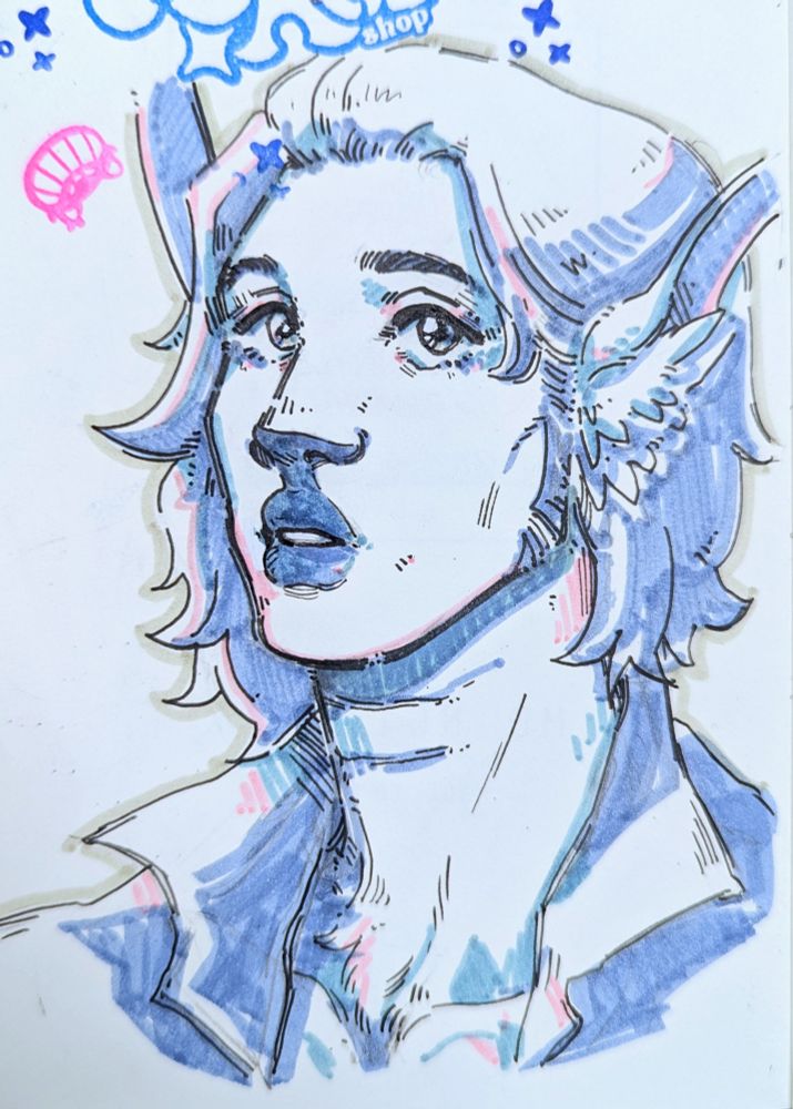 A pen ink and midliner sketch of firbolg with midlength wavy hair, Erik Korsson.