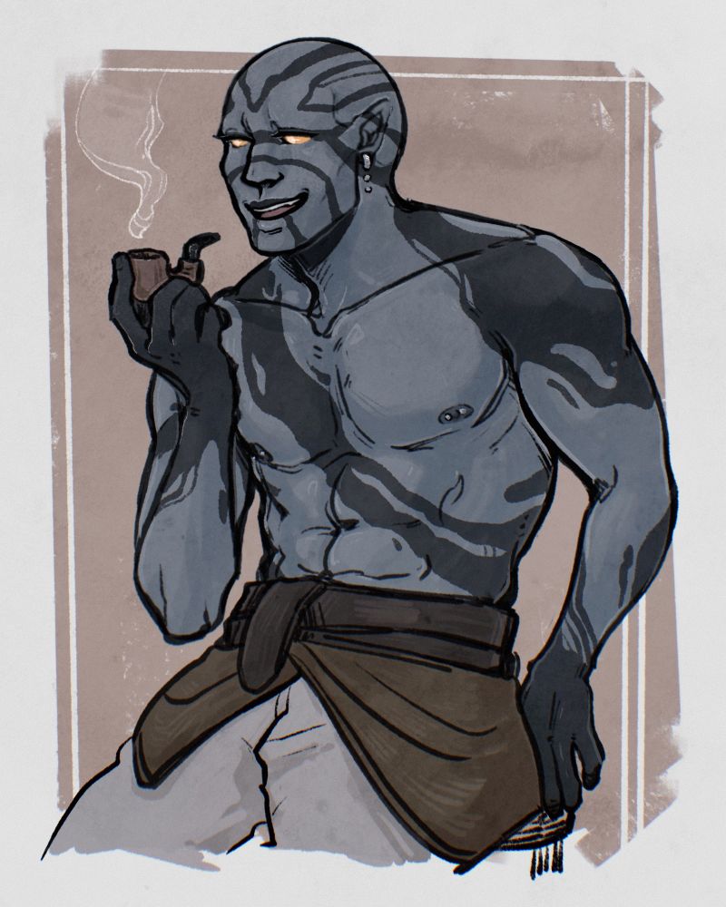 A digital illustration of Aelgar, a bald half giant with dark markings smoking a pipe as he grins offscreen.