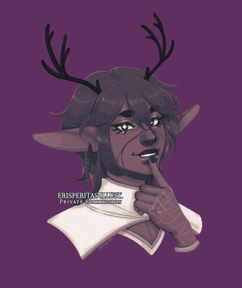 A digital illustrated commission of Amer (belonging to @seoribite) a satyr with shaggy mid-length hair, long ears and shiny eyes with long lashes. Sprouting from his forehead are two antlers and he has scars on the outside of his visible hand.