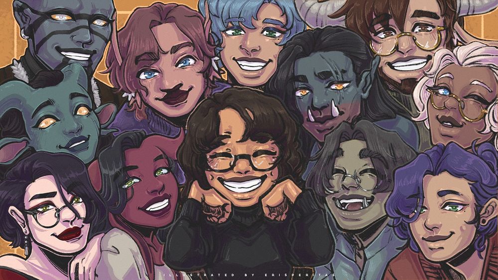 A digital illustration of chibis of Eri (erisperitas) and their OCs, in order from left to right.

Top Row: Aelgar Cloudfinger, Erik Korsson, Danni, Benjamin. 
Middle Row: Tevatha, Goro Okaghaenk, Salai C. Remington.
Bottom Row: Etienne Desrosiers, Lyka Mae Ragasa, Eri (erisperitas), Jin Lancard, Indigo.