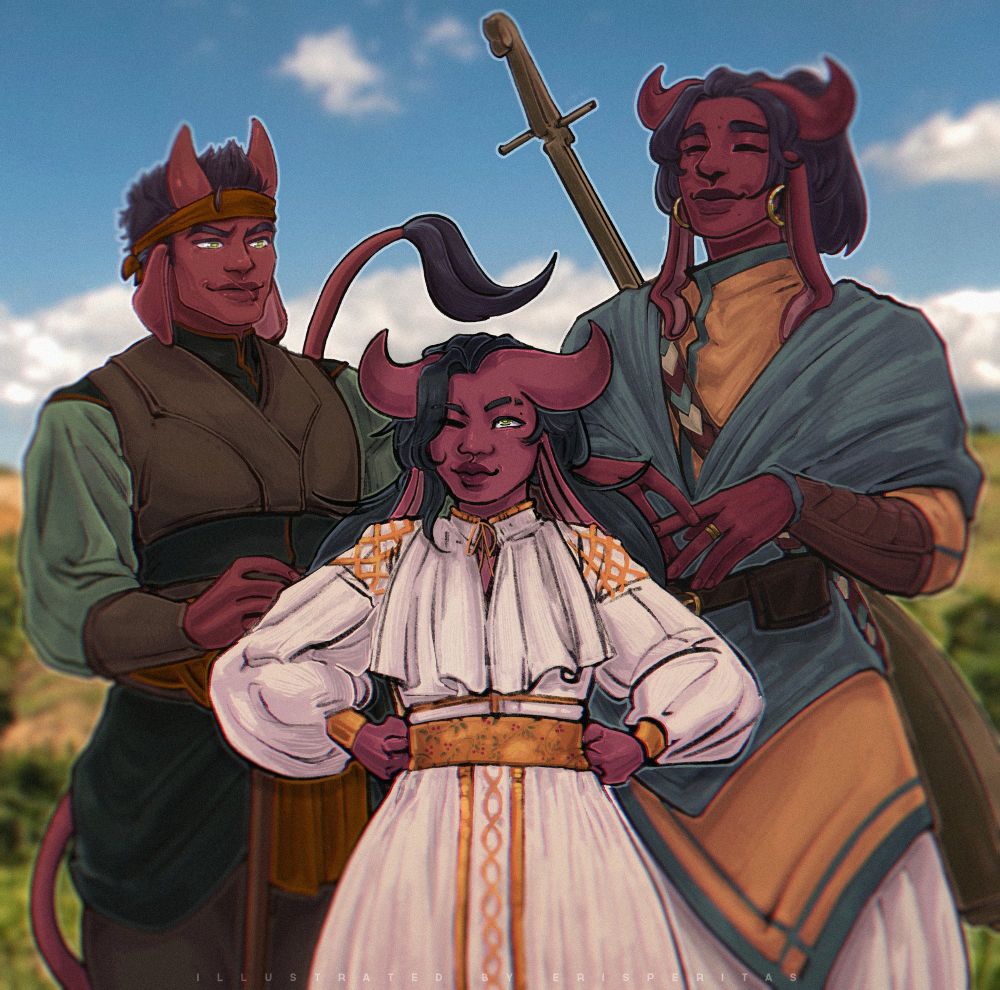 An illustration of Lyka and her brothers, Ramil (right) and Datu (left). She stands, her arms akimbo as Datu holds his tail over her head. Ramil stands, fingers steepled.