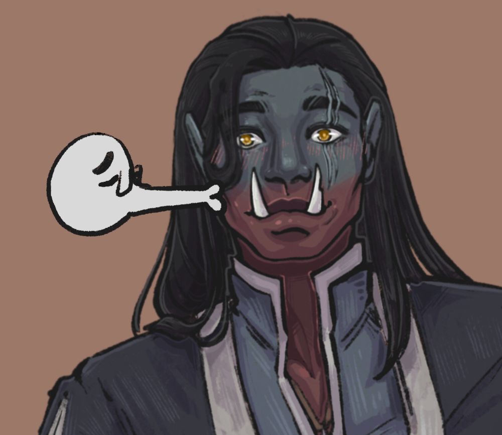 A crop of a digital illustration of a poorly drawn character giving Goro, a half orc with green to red skin and long black hair a smooch.