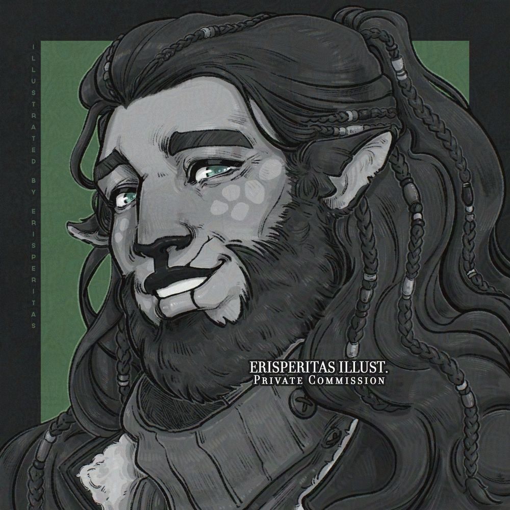 A digitally illustrated greyscale commission for Matti (@charii.bsky.social) of Njal, a Ganúàd with long dark hair, beaded braids scattered throughout, dark teal-blue eyes and speckles along his cheeks. He smiles kindly at the viewer. 