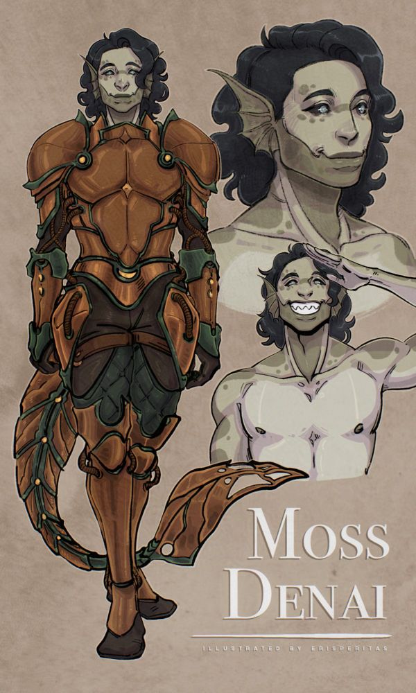 A digitally illustrated sheet of Moses "Moss" Denai, a pale grey-green triton with dark green patterns along his face and body and black, mid-length wavy hair.

On the left hand side, he stands, front-facing, in his bronze and green armor and magetech tail.

On the righthand top side is a portrait of him facing 3/4 offscreen, smiling.

On the righthand bottom side is him, shirtless, grinning as he salutes the viewer.