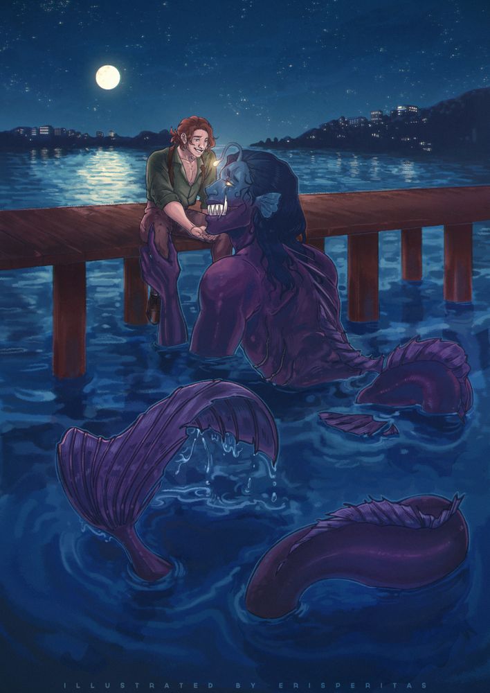 An illustration of Erik, the docksman, sits on the dock, gently caressing Goro, the merfolk's chin as they look cheerfully at one another under the night sky overlooking the sea.