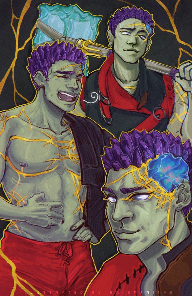 A digital illustrated collage (2022) of Ashton Greymoore (Critical Role, Bells Hells), an earth genasi with pale green skin with gold veins along their body, purple stones for hair and a pale left eye with a colourful crystal in their skull.

At the bottom, a portrait of them smirking at the viewer, showing off their pale eye and crystal in their skull.

In the middle, Ashton scratching their stomach as they yawn, shirtless.

At the top, they smirk to the side as they carry their glass hammer along their shoulder.