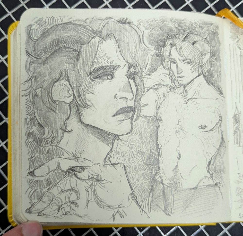 A graphite on paper sketch page of katelric's Omni, a tiefling with pale skin, shaggy grey hair and black curling horns. He has scales along his eyes and cheeks.
