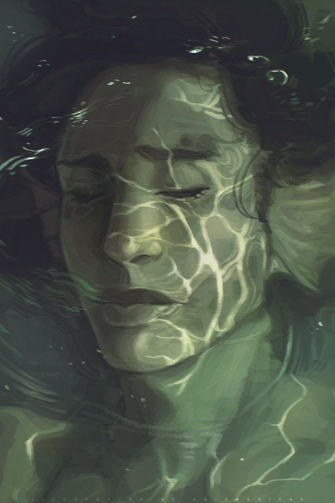 A digital illustration of a Moss, a triton with spotted skin, fins for ears and dark hair, eyes closed underwater, light leaving patterns along his face.