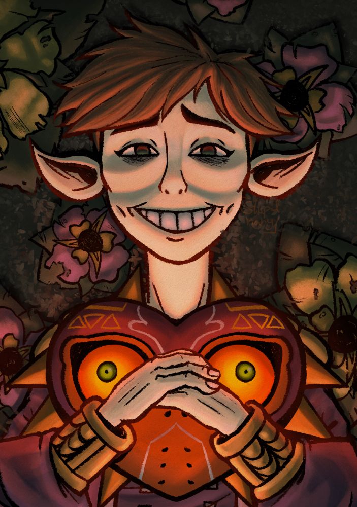 The happy mask salesman staring at the viewer while the mask is glowing red light 