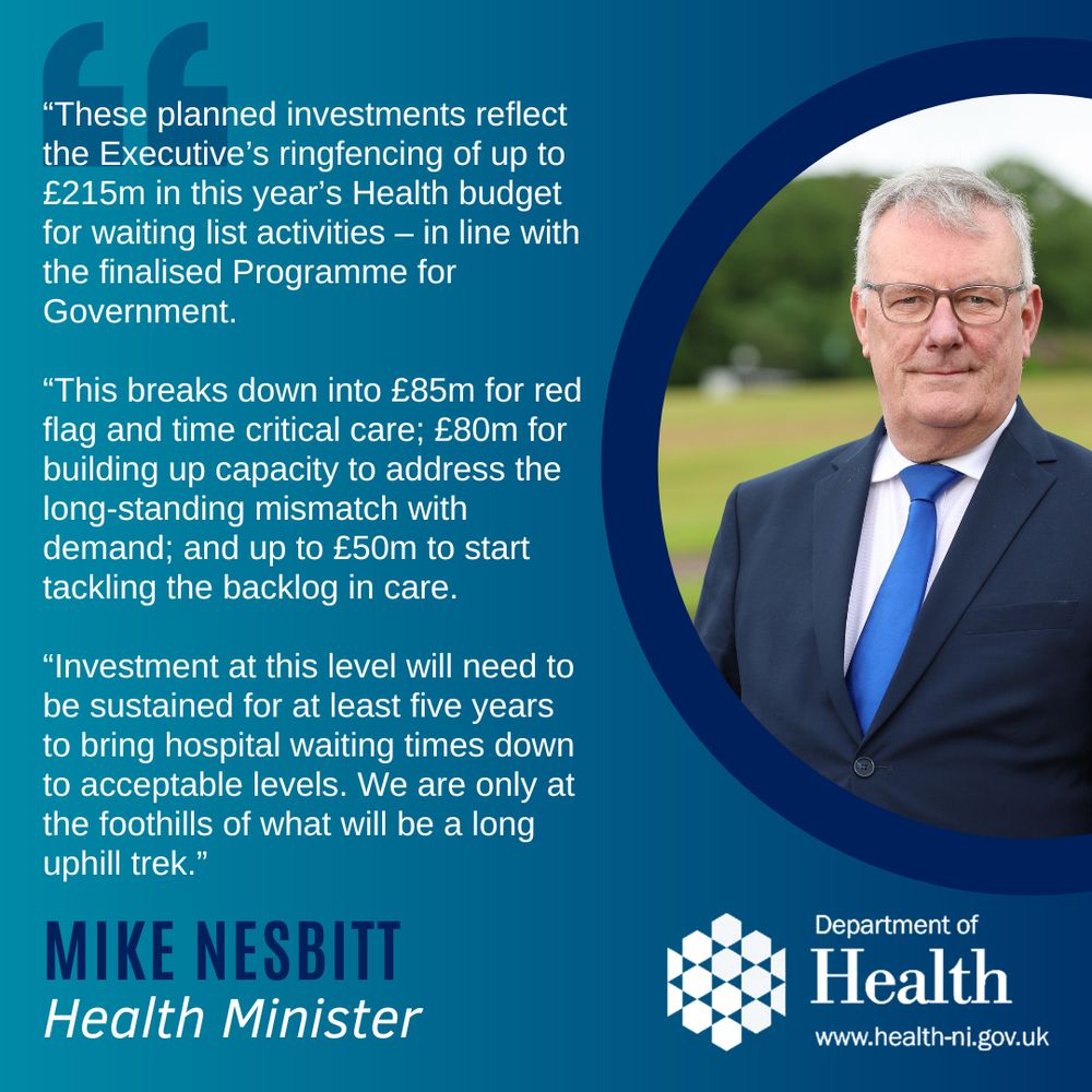A picture of Health Minister Mike Nesbitt with text beside it which reads: “These planned investments reflect the Executive’s ringfencing of up to £215m in this year’s Health budget for waiting list activities – in line with the finalised Programme for Government. 
  
“This breaks down into £85m for red flag and time critical care; £80m for building up capacity to address the long-standing mismatch with demand; and up to £50m to start tackling the backlog in care. 
  
“Investment at this level will need to be sustained for at least five years to bring hospital waiting times down to acceptable levels. We are only at the foothills of what will be a long uphill trek.”