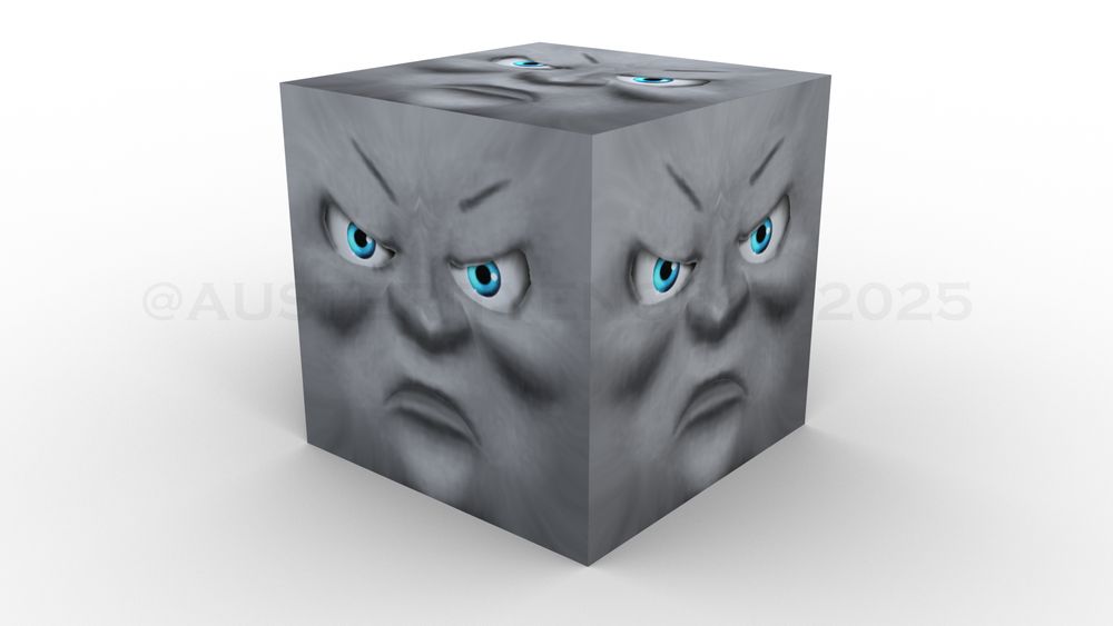 A render of a cube in Blender with one of Montague's face textures from "TOBIAS AND THE HALF-PARIAH" textured on each side.
