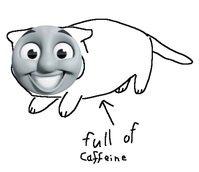 The "full of milk" cat meme, but edited to read "full of caffeine"; the cat's face has been replaced by Thomas the Tank Engine's CGI face with an unnaturally wide smile
