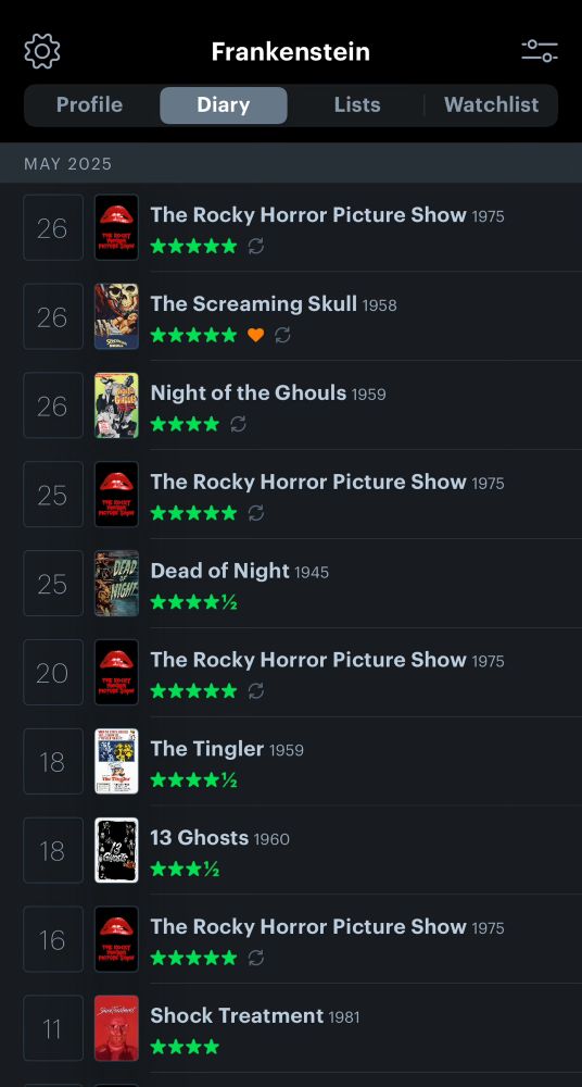 Screenshot from Letterboxd. Half of the logged movies are Rocky Horror Picture Show