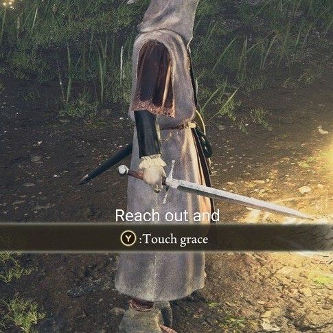 Cropped screencap of Elden ring. A player character carrying a short sword and wearing grey robes stands in the glow of a site of grace just off screen.

The game prompt reads, "Y: Touch Grace."

Above the prompt is added text changing the prompt to roughly read as "Reach out and Touch Grace" bringing to mind Depesche Mode's song Personal Jesus from 1990's album Violator