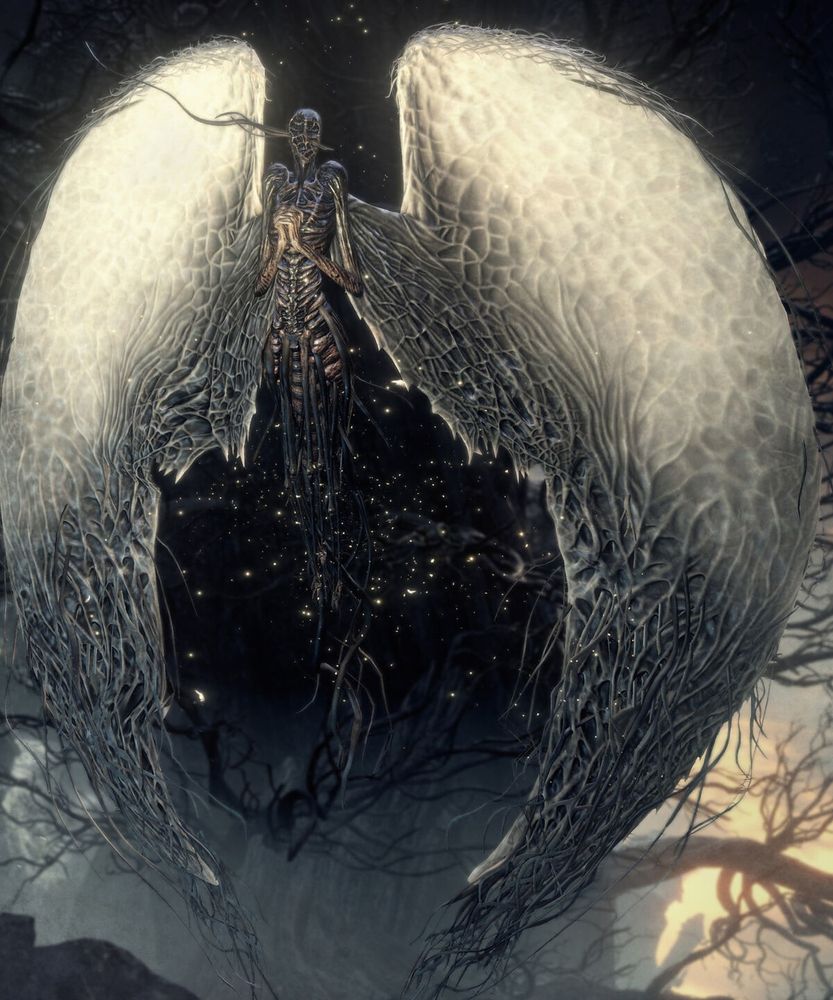 Late game enemy from Dark Souls 3 found in the Dreg Heap. Simply referred to as "angels" or "angelic hosts"

Artist's rendition of an Angel showing it to be a being of twisted roots and ash. It's great white wings curve downward in an insectoid manner. The body is faceless made up of roots and long cold cinder. The legs and wings end in a braid of fading roots that resemble burnt hair.

Image sourced from the Dark Souls 3 fandom page which states this is a smaller part of an official promotional image. Artist Unknown
