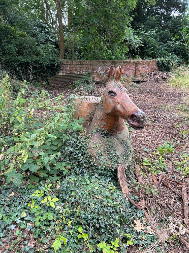 一本の丸太で作ったロバ？の彫刻が敷地内にあった