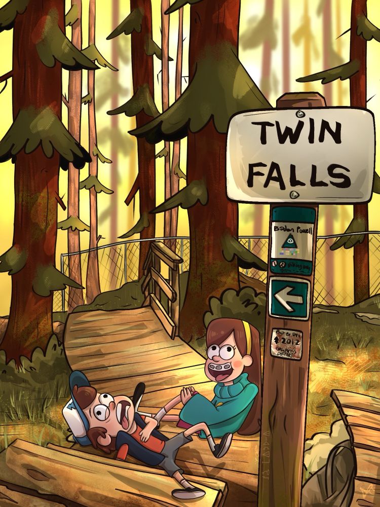 Dipper and Mabel Pines pretending to have fallen over in a national park titled “Twin Falls”