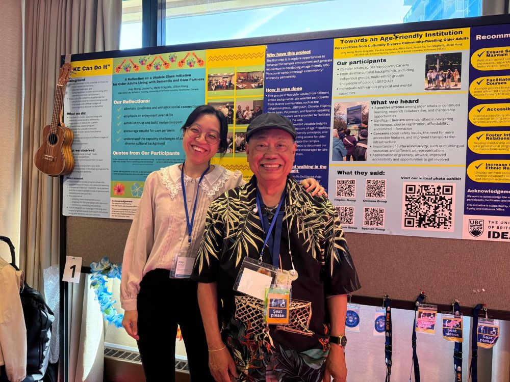 Joey Wong and Mario Gregorio, patient partner and dementia advocate, in front of posters on co-designed ukulele classes and age-friendly UBC initiatives.
