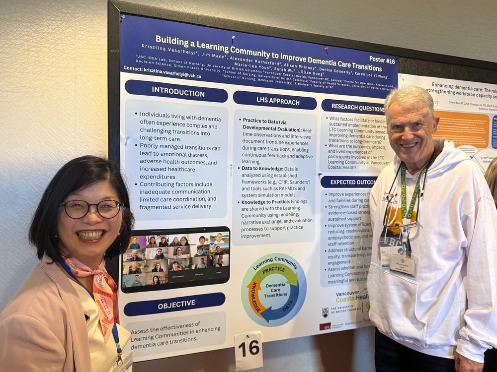 Dr. Lillian Hung and Dr. Jim Mann, a patient partner living with dementia, standing in front of their poster on improving dementia care transitions.