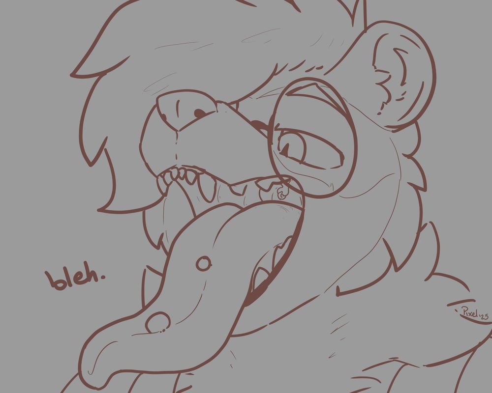 This image is a black and white line drawing of an anthropomorphic animal character showing off their mouth.  There are no genitals but it's blatant fetish material, as the drawing goes into detail to display the character's pierced tongue and uvula, as well as to make them slightly oversized.  He's really cute otherwise - fluffy hair, round glasses, an expression of quiet amusement as he looks off to the left of the viewer's POV.  Just real smooch material!
