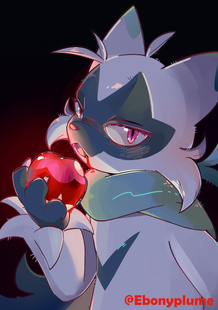 A digital drawing of a Floragato. They're holding up a glowing apple, having just bitten into it. The apple looks a bit like an Applin, but the artist assures this is just a coincidence.