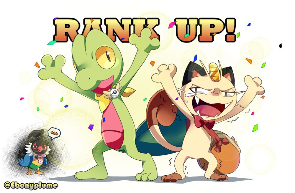 A digital drawing of a Meowth and a Treecko clad with Explorer neckerchiefs striking a weird pose in front of Chatot, who looks on with a disgruntled face. The Meowth is trying his best to smile to match his Treecko partner's blank-faced energy.