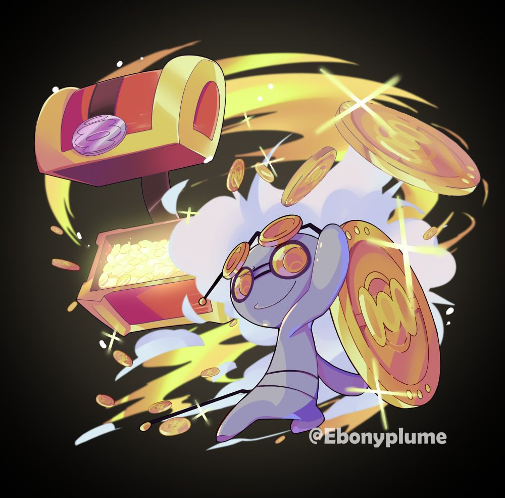 A digital drawing of a Gimmighoul with a slightly custom design; a pair of coins atop its head with its antennae twisted to look like glasses. The ghost is striking a pose, showing off its coin as more of them are scattered across the background, alongside an open chest and a cloud of smoke. The subject looks very smug, as if taunting the viewer with all its riches.