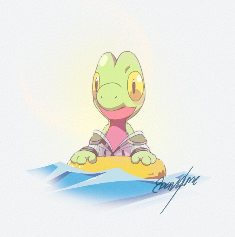 A little digital doodle of a Treecko holding onto a yellow floatie.