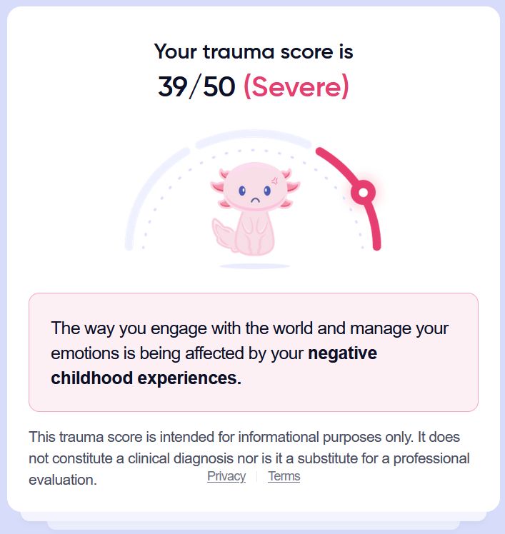 A score graphic for an online trauma quiz by BetterMe showing that I've scored a 39/50, which is labeled as severe, with an Axolotl next to a gauge for emphasis. Below it is the text "The way you engage with the world and manage your emotions is being affected by your negative childhood experiences."