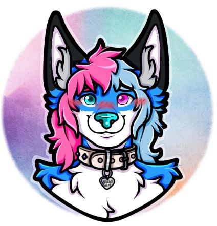 A picture of my Fursona, a Blue Fennec Fox with Pink and Blue hair, and matching heterochromic eyes and a cyan nose blushing at the viewer.