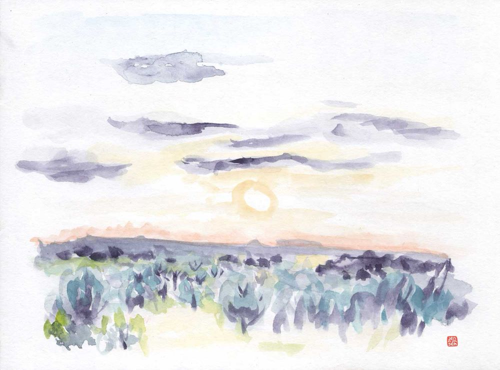 A watercolor sketch of an arid landscape with scrubby bushes in foreground and mountains and low sun. By Jentingting 